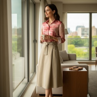 Long sleeve silk shirt with lotus pattern